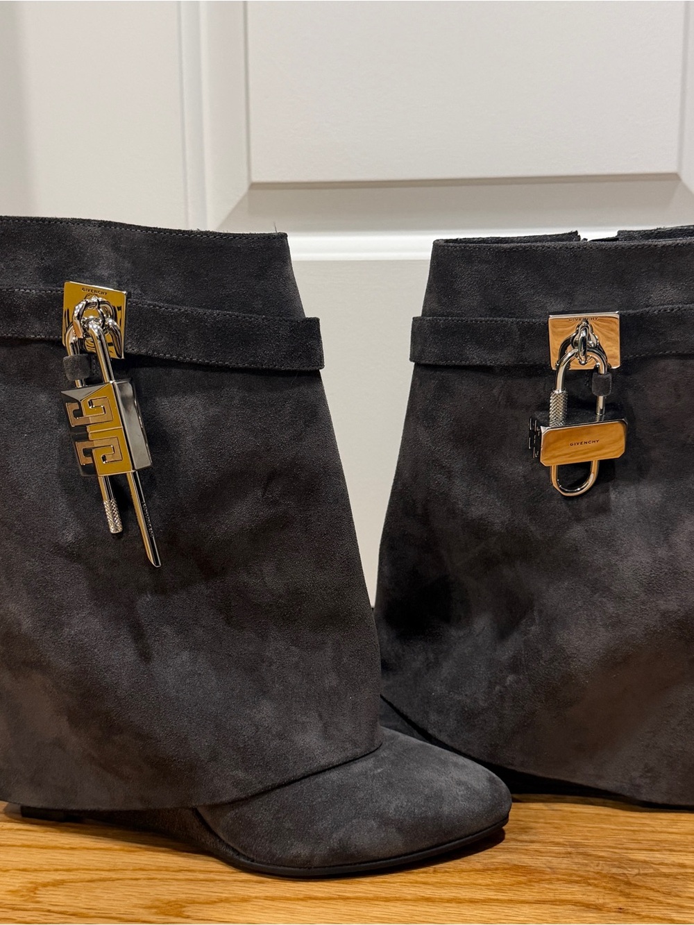 Givenchy Grey Suede Wedge Boots with Silver Hardware Charm